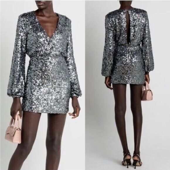 NWT O.P.T Anthropologie Silver Grey Sequin Deep V Neck Mini Party Dress Xsmall - Picture 7 of 7